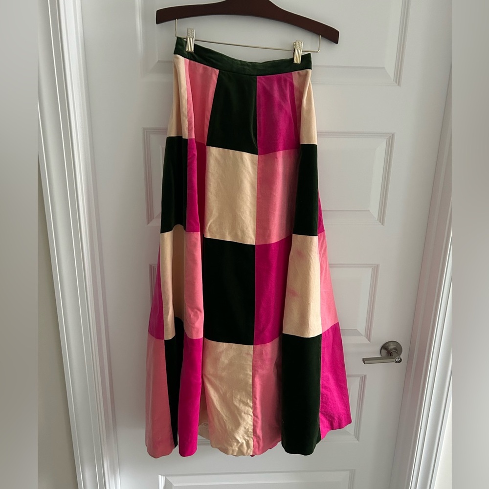 Vintage Glen of Michigan Patchwork Velvet Maxi Skirt  Pink Green Yellow Size M
